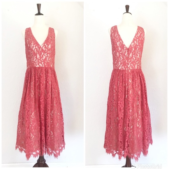 ELIZA J Lace Midi Dress Sleeveless A-Line V Neckline Dusty Coral Red Size 6 NWOT - Picture 2 of 16
